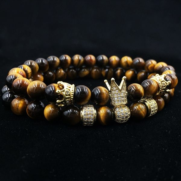 

new men's bracelet 2pcs/ set of luxury natural tiger eye stone cz crown charm jewelry bracelet holiday gift bracelet y200730, Black