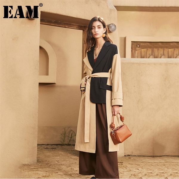 

[eam] women khaki irregular split big size trench new lapel long sleeve loose fit windbreaker fashion spring autumn 1da636 201031, Tan;black