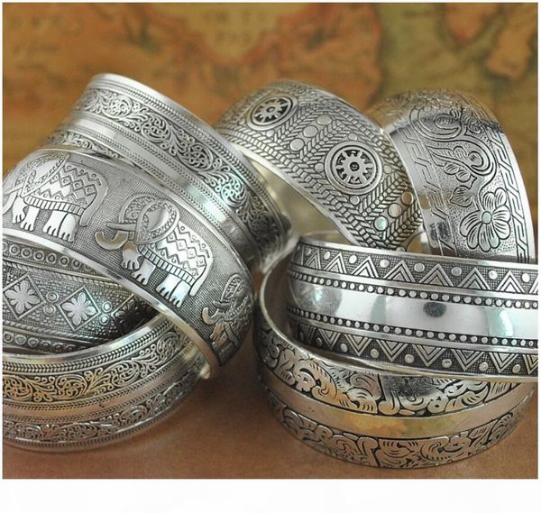 

wide tibetan silver bangles cuff bracelets for women bohemian vintage carved flower hand jewelry discounted mix, White