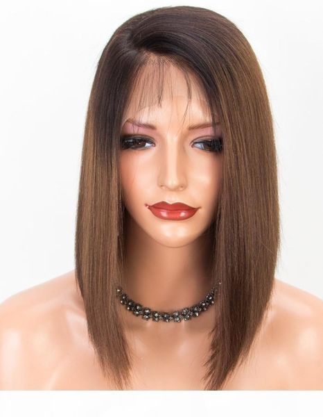 

dark brown full lace bob wig human hair wigs straight short virgin malaysian hair glueless lace front wig ombre two tone #1b #4, Black;brown