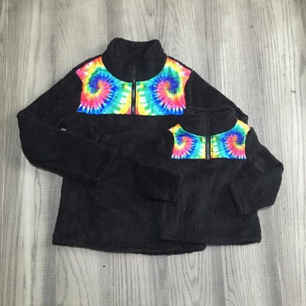 Girlymax Herbst-/Winter-Outfits Baby Mädchen Mama Erwachsener Mantel Tie Dye Schwarz Fleece Baumwollkleidung Kinder Top Baumwolle Boutique Reißverschluss LJ201111