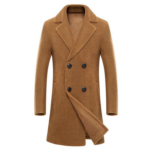 

winter wool pea coat men fleece long trench coat double breasted fur men overcoat fashion suede jackets, Black