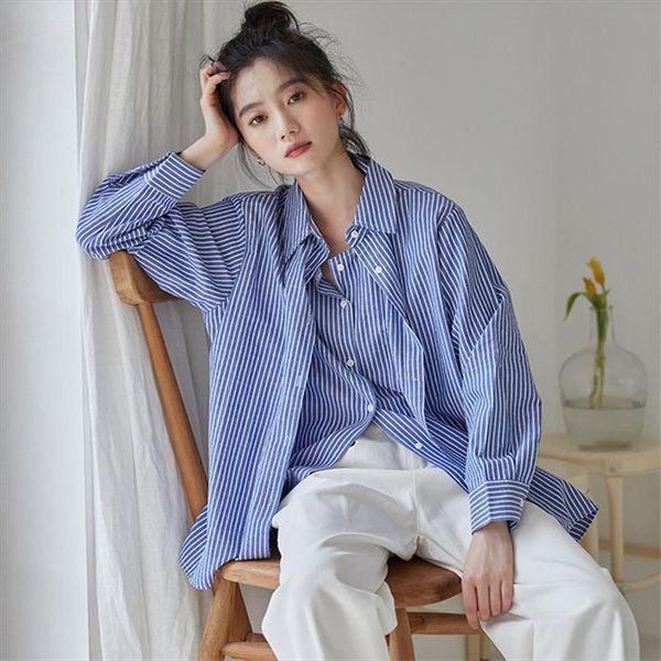 

hzirip casual fresh striped women 2020 korean blouses leisure fashion gentle ol all match chic loose shirts, White