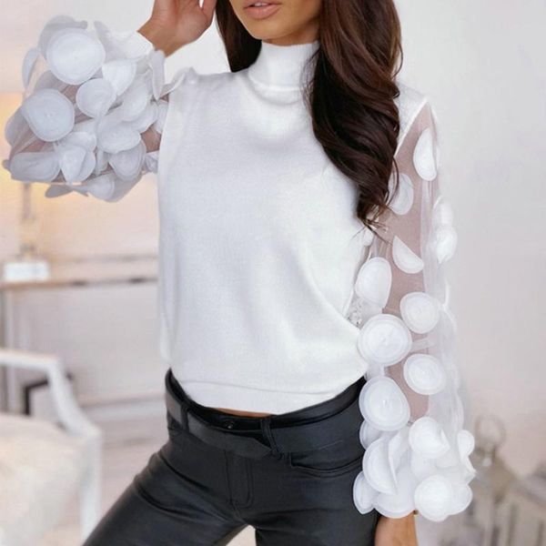 

women's blouses & shirts casual lantern long sleeve women blouse spring autumn turtleneck knit rib shirt elegant pathwork mesh blusa p, White