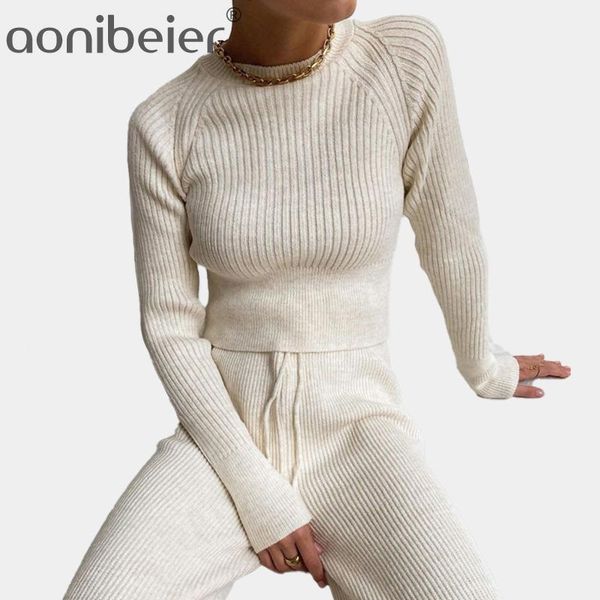 

aonibeier autumn winter fashion knit sweater suit two piece pants warm casual suit pullover women women's wide leg pants sets, White;black