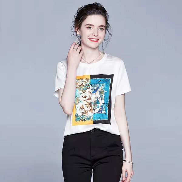 

fashion big ice silk printed t-shirt women's bottoming shirt french western style blouse women summer, White