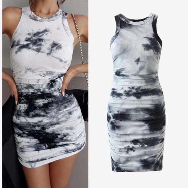 

women's printed black and white tie dye skirt 2020 new fashion round neck pullover dress, Black;gray