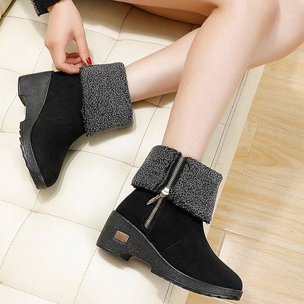 

boots women slip on winter warm plush wedges heels shoes snow 2021 non-slip ladies girls short zip female footwear casual1, Black