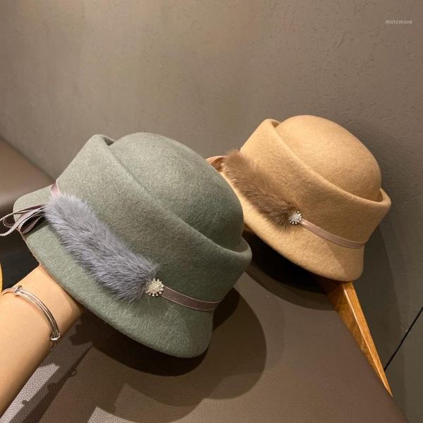 

202010-aotang-heben autumn winter fur diamond flower decoration lady beret cap women leisure hat1, Blue;gray