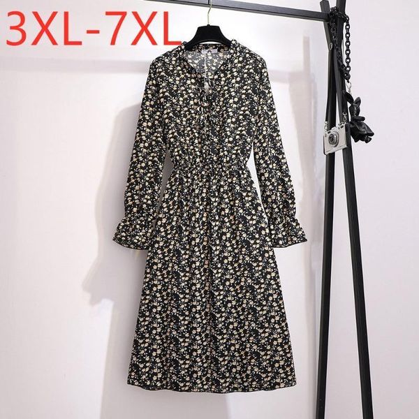 

new autumn winter plus size midi dress for women large loose long sleeve black floral print flower dress 3xl 4xl 5xl 6xl 7xl1, Black;gray