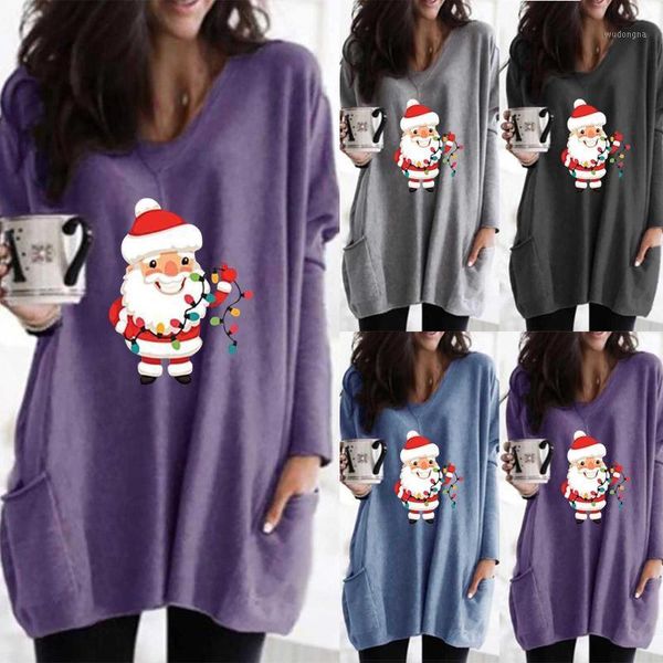 

women's christmas pullover sweater large size fashion v-neck santa printed long sleeve casual pocket long pullover sweater 50*1, Black