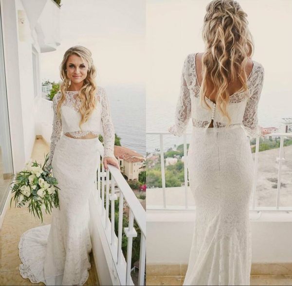 

two pieces full lace country wedding dresses trumpet style long sleeve 2021 open back mermaid long wedding gowns bride dress vestidos, White