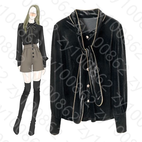 

2020 spring summer black long sleeve round neck plain velvet ribbon tie bow panelled single-breasted blouse shirt shirts nd25912165 xuhx, White