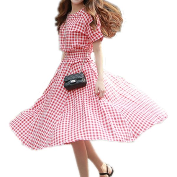 

2021 new vintage plaid print 100% cotton summer elegant robe women short sleeve elastic waist back button casual party 0h7f, Black;gray