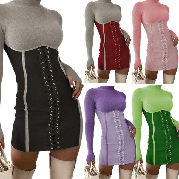 

women lace stitching fashion slim one step skirt autumn winter collar bandage dress selling wigr, Black;gray