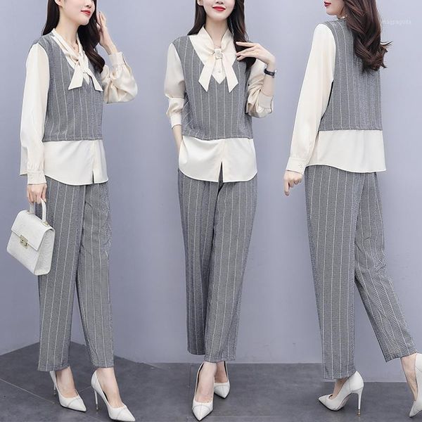 

office lady elegant women 2 piece set and pants striped patchwork ensemble femme survetement year-old female costume1, Gray