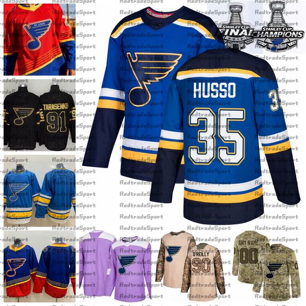

2021 reverse retro customize 35 ville husso st. louis blues champions hockey jersey golden edition camo veterans day fights cancer jersey, Black;red