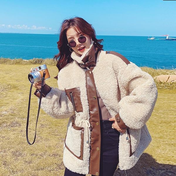 

women's fur & faux lamb spliced thick ladies coats mid-length single breasted drawstring stand-up collar fashion slim winter jacket wom, Black