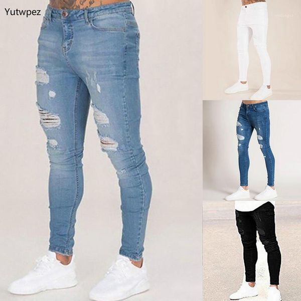 

mens solid color jeans 2020 new fashion slim pencil pants casual hole ripped design streetwear1, Blue