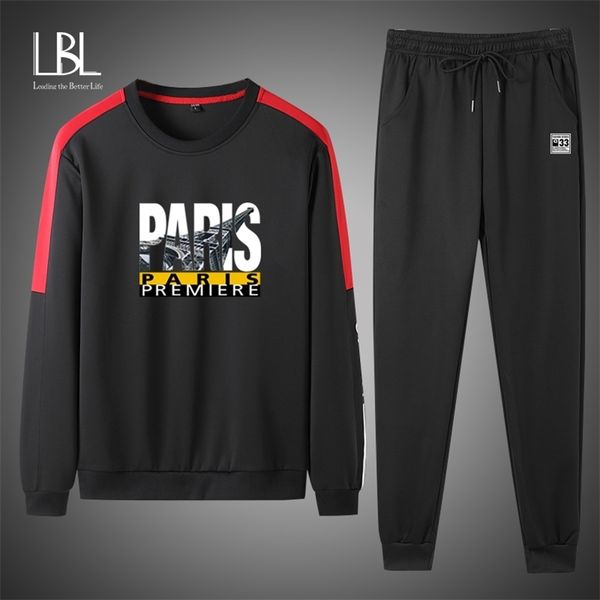 

spring new sweatshirts suit men casual korean pullover round neck and long pant two piece set fashion print sports suit 201207, Gray