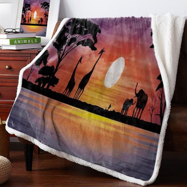 

giraffe elephant grassland sunset throw blanket bedspread coverlet soft warm fleece blanket christmas decor blankets for beds