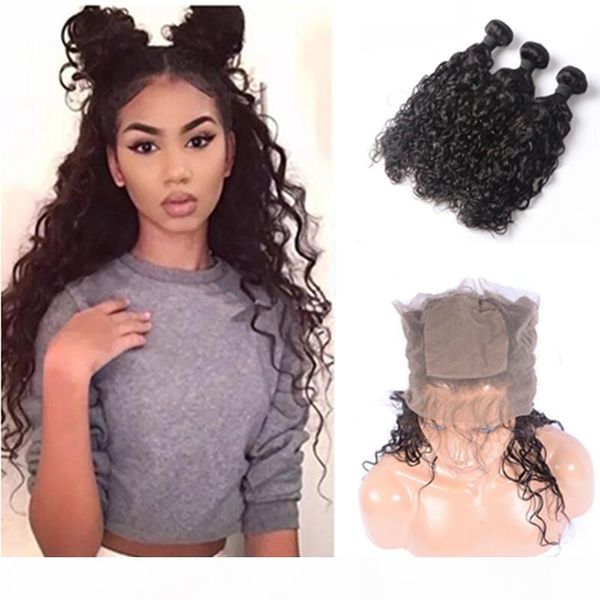 

brazilian human virgin hair 4*4 silk base 360 water wave 360 frontal with bundles wet and wevy hair with 360 lace frontal, Black;brown