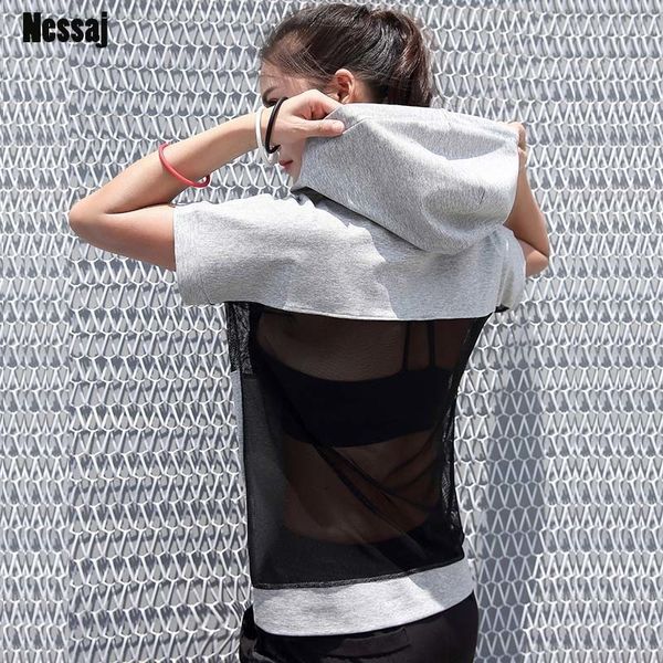 

nessaj summer women transparent short sleeve hooded tshirt slimming fitness clothing see through mesh t shirt t200516, White