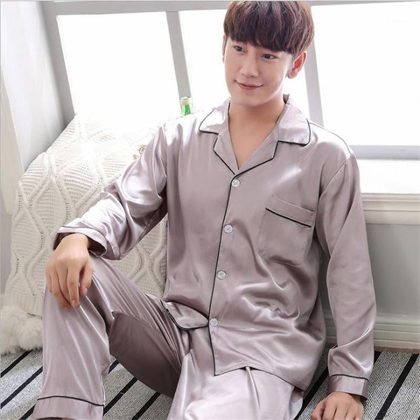 

male four seasons button closure home-wear sets chinese style satin silk pajamas sets long sleeve male turn down collar pijama1, Black;brown