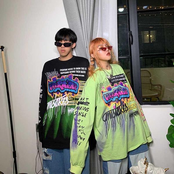 

2020 punk vefadisa autumn woman green cotton print pattern t-shirt full sleeve pullover t-shirt o-neck casual t-shirt women, White