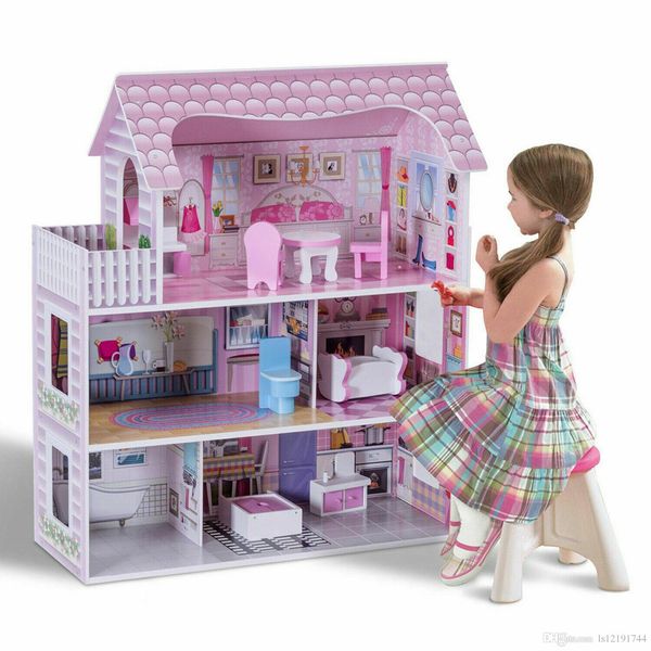 

girls dream wooden pretend play house doll dollhouse mansion with furniture