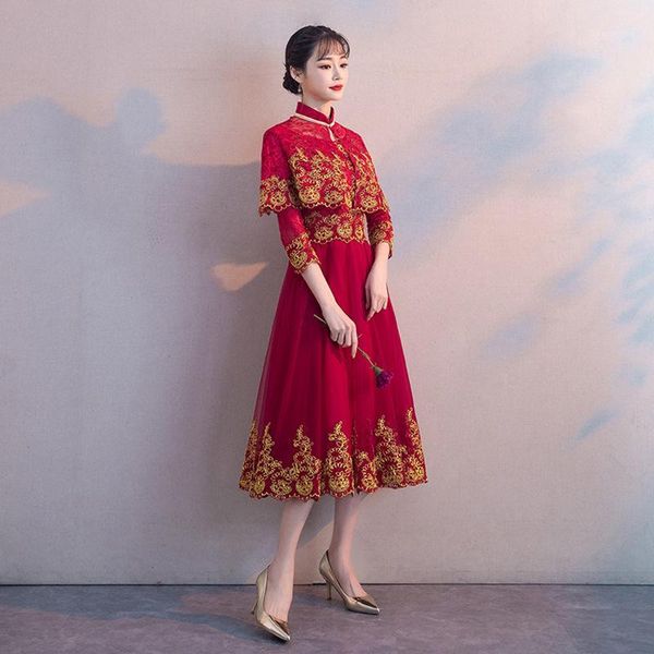 

size xs-xxl embroidery elegant vestidso cheongsam lace bride wedding party gown women dress three quarter sleeve qipao1, Red
