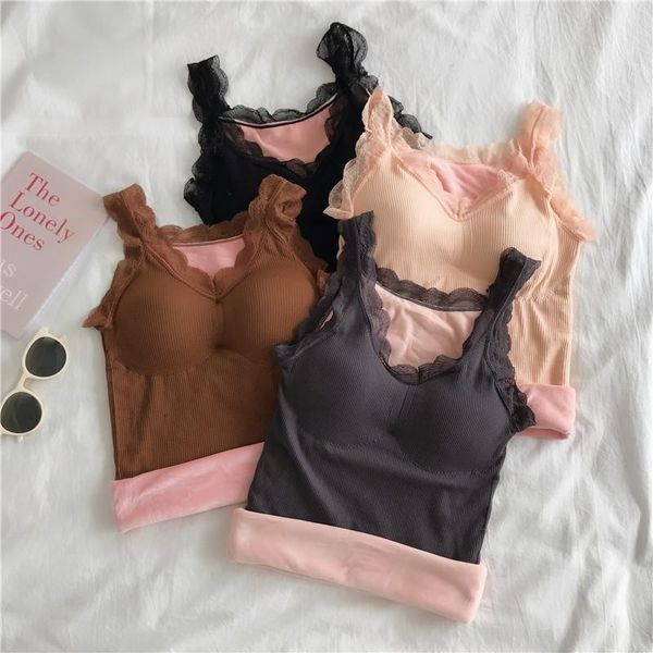 

fall/winter slim fit plus velvet padded warm vest lace inside bottoming shirt short small sling women's clothing, White