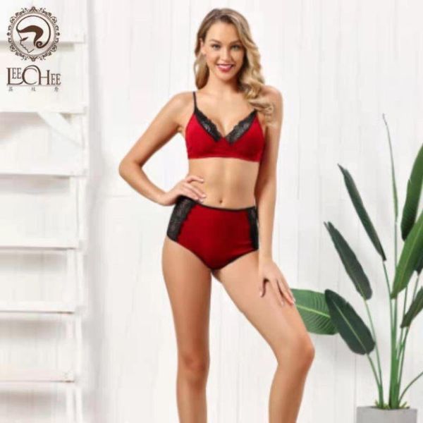 

three-point bra set plush velvet and lace oversize underwear1, Red;black