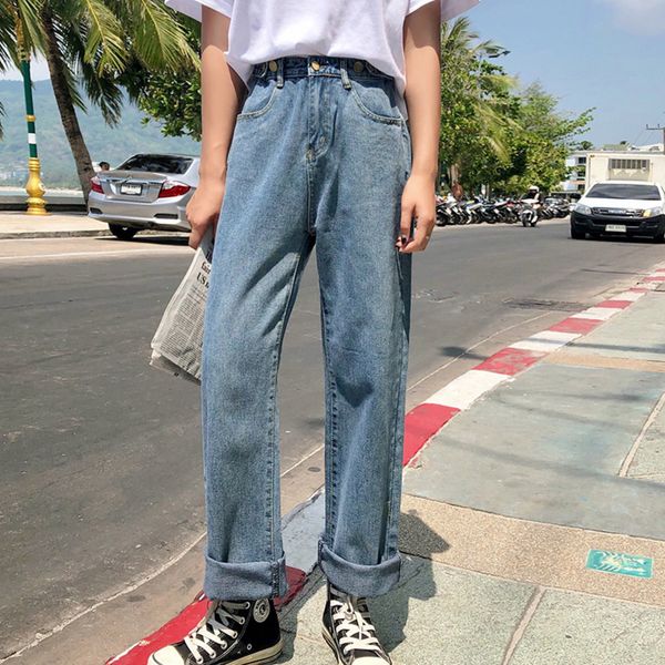 

autumn women high waist loose wide legs dad jeans lady students stretch length pants female denim streetwear cropped trousers y1214, Blue