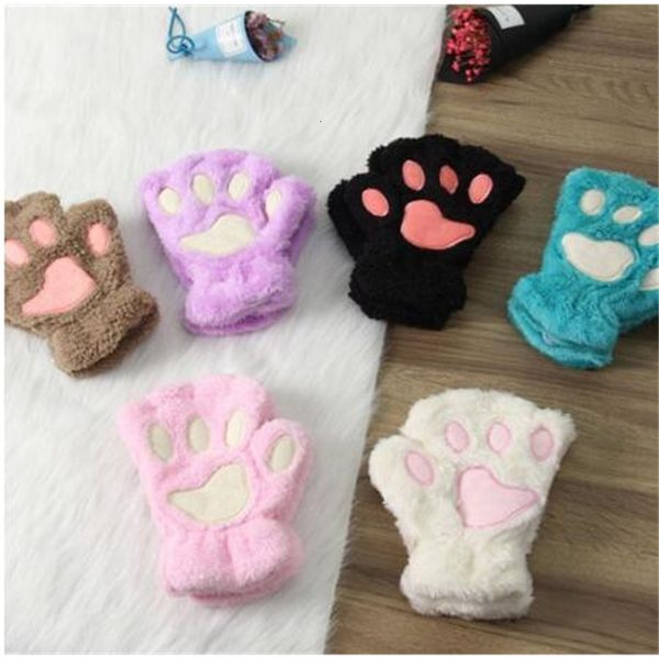 

fluffy women fingerless girls lovely winter warm bear cat plush paw claw half finger gloves mitten new gb1324