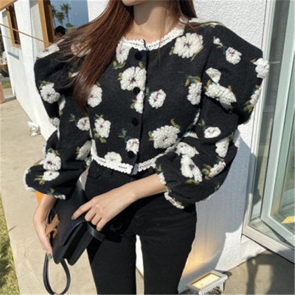 

women's jackets floral print embroidery short chic coats for ladies elegant puff sleeve wide-waisted oversize coat women 2021 winter, Black;brown