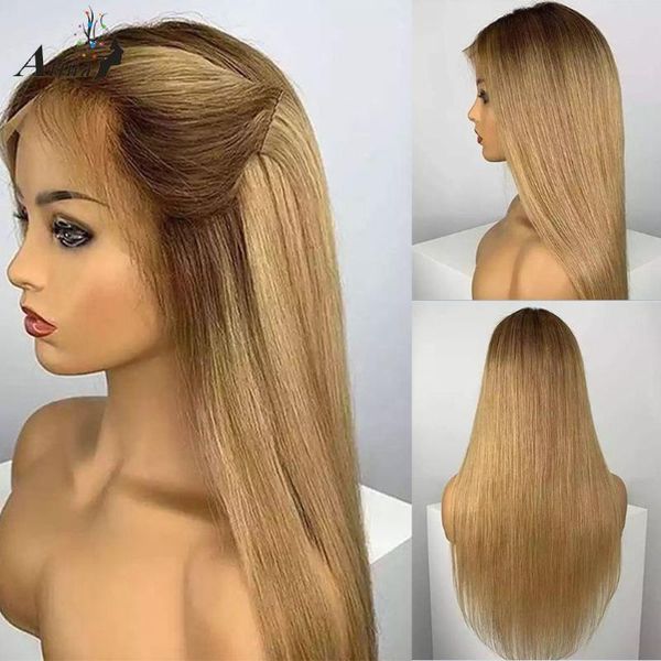 

lace wigs atina remy straight pre plucked ombre honey blonde colored human hair 250 hd transparent for black women full closure, Black;brown