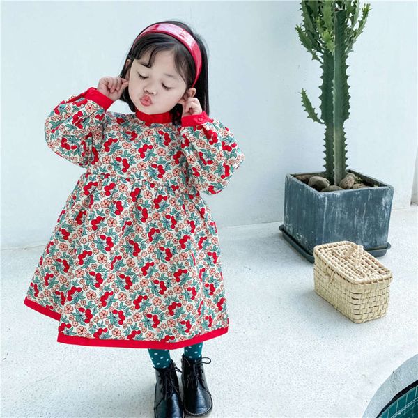 

autumn and winter 2020 korean children's clothing girl's cherry stand collar with cotton thickened drs, Red;yellow