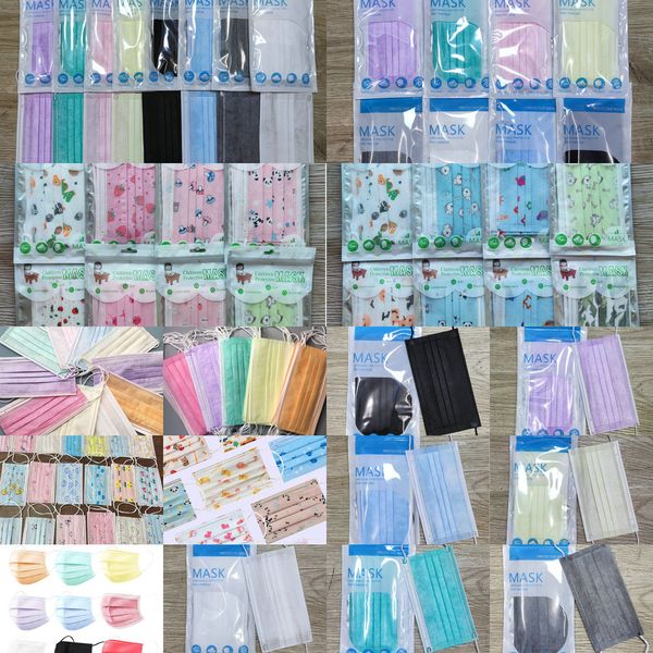 

individual colorful face 10pcs pack black 3 layers non-woven disposable mask protective mouth and kids reta21