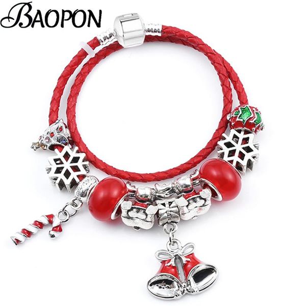 

charm bracelets baopon xmas git red leather chain with snowflake beads bangles for women kids gift 2021, Golden;silver