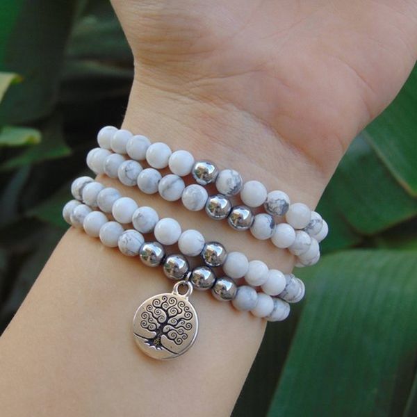 

108 prayer beads bracelet 6mm natural howlite beaded wrap bracelet tree of life mala wrist women men y200730, Black