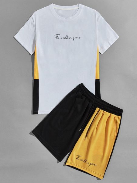 

men letter graphic tee & colorblock track shorts j3yb#, Gray