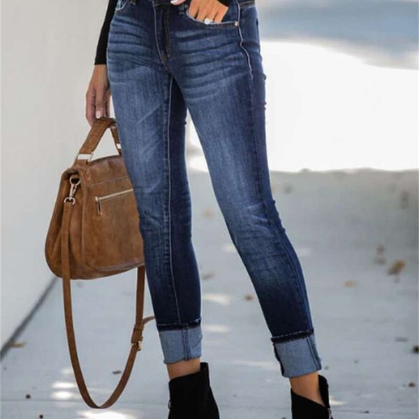 

women's winter denim mid autumn casual pants, Blue