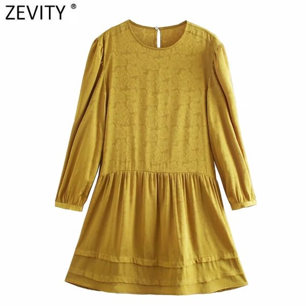 

zevity 2021 women elegant o neck floral print hem pleats satin mini dress chic female puff sleeve casual a line vestido ds5007 y0118, Black;gray