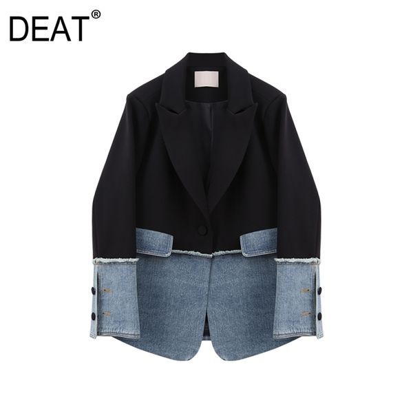 

[deat] women denim spliced hit color split blazer new lapel long sleeve loose fit jacket fashion tide spring autumn 2020 lj201212, White;black