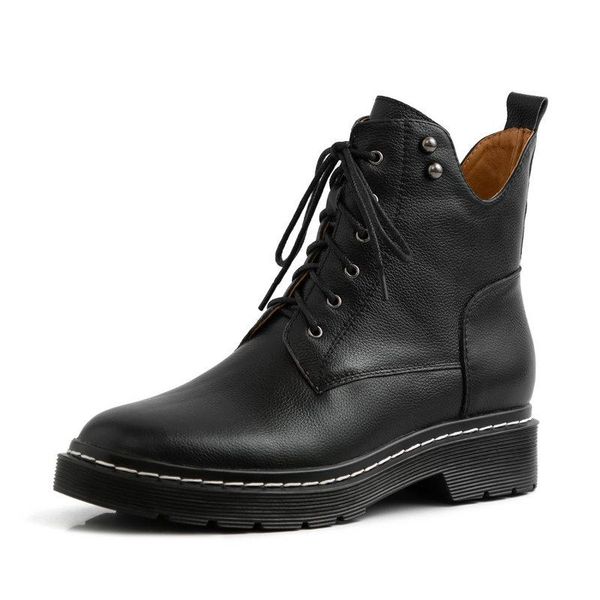 

2020 Autumn Winter Genuine Leather Punk Short Boots Lace Up low Heels Women Ankle Boots Party Shoes Woman size 41 42 43, Black