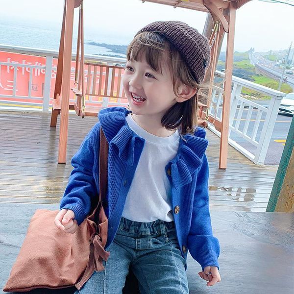 

ins baby girls cardigan 0-11 years old autumn and winter lotus leaf collar solid color children's sweater kids baby cardigan 201201, Blue