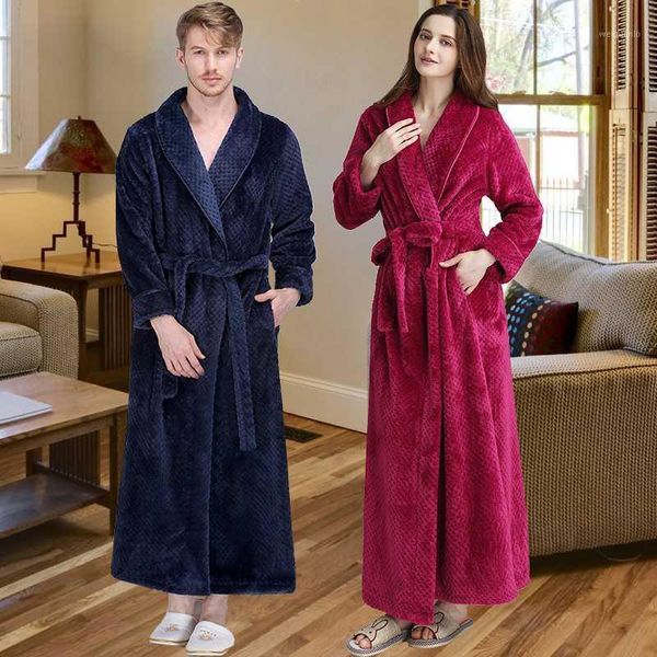 

men women winter extra long thicken grid flannel warm bath robe luxury soft thermal bathrobe mens dressing gown male robes1, Black;brown