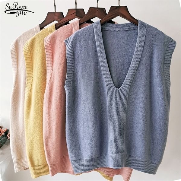 

new fashion sleeveless simple v-neck sweater vest women loose solid sweater vests loose knitted sweater vest female spring 11984 201202, White;black