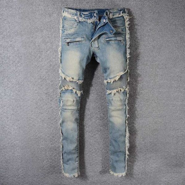 

new men's vintage washed denim fringe biker jeans for moto fashion slim fit straight patchwork pants for big and tall trousers, Blue